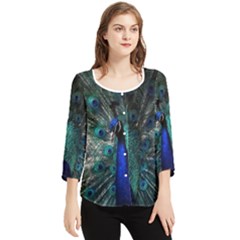 Blue And Green Peacock Chiffon Quarter Sleeve Blouse