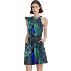 Blue And Green Peacock Cocktail Party Halter Sleeveless Dress With Pockets