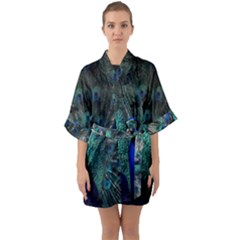 Blue And Green Peacock Half Sleeve Satin Kimono 