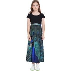 Blue And Green Peacock Kids  Flared Maxi Skirt