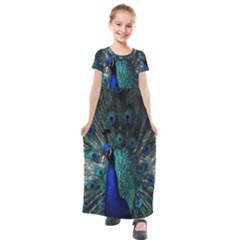 Blue And Green Peacock Kids  Short Sleeve Maxi Dress