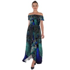 Blue And Green Peacock Off Shoulder Open Front Chiffon Dress