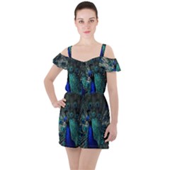 Blue And Green Peacock Ruffle Cut Out Chiffon Playsuit