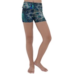 Blue And Green Peacock Kids  Lightweight Velour Yoga Shorts