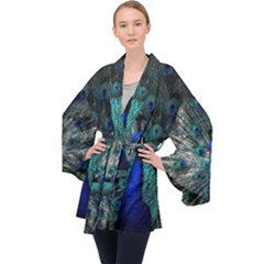 Blue And Green Peacock Long Sleeve Velvet Kimono 