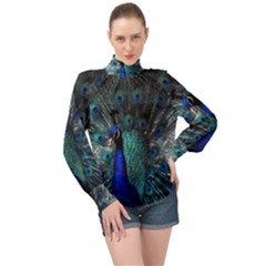 Blue And Green Peacock High Neck Long Sleeve Chiffon Top by Sarkoni