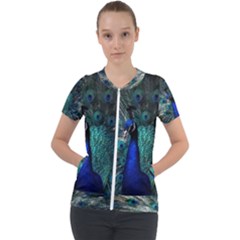 Blue And Green Peacock Short Sleeve Zip Up Jacket