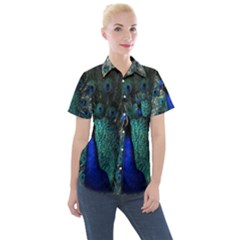 Blue And Green Peacock Women s Short Sleeve Pocket Shirt