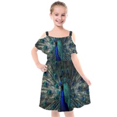 Blue And Green Peacock Kids  Cut Out Shoulders Chiffon Dress