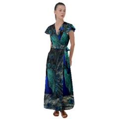 Blue And Green Peacock Flutter Sleeve Maxi Dress