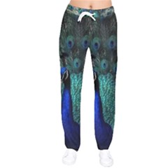 Blue And Green Peacock Women Velvet Drawstring Pants by Sarkoni