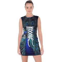 Blue And Green Peacock Lace Up Front Bodycon Dress