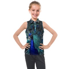 Blue And Green Peacock Kids  Sleeveless Polo T-Shirt