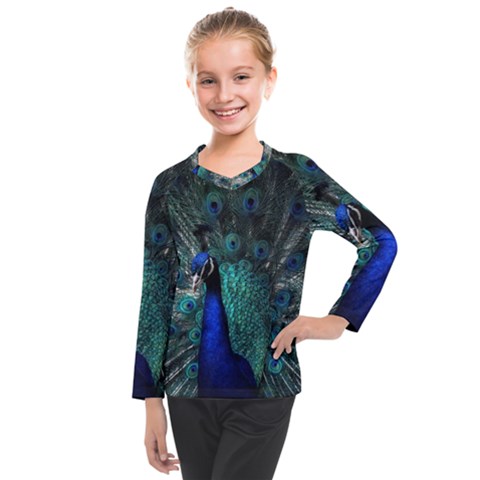 Blue And Green Peacock Kids  Long Mesh T-shirt by Sarkoni