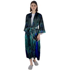 Blue And Green Peacock Maxi Satin Kimono