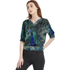Blue And Green Peacock Quarter Sleeve Blouse