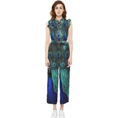 Blue And Green Peacock Women s Frill Top Chiffon Jumpsuit