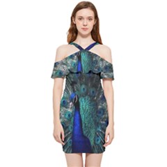 Blue And Green Peacock Shoulder Frill Bodycon Summer Dress