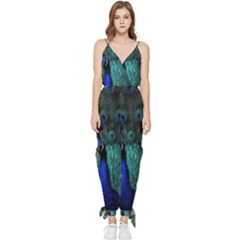 Blue And Green Peacock Sleeveless Tie Ankle Chiffon Jumpsuit