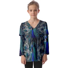 Blue And Green Peacock Kids  V Neck Casual Top