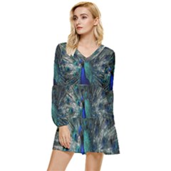 Blue And Green Peacock Tiered Long Sleeve Mini Dress