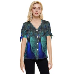Blue And Green Peacock Bow Sleeve Button Up Top