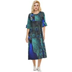 Blue And Green Peacock Double Cuff Midi Dress