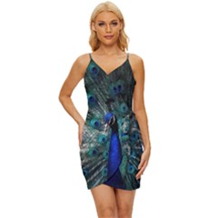 Blue And Green Peacock Wrap Tie Front Dress