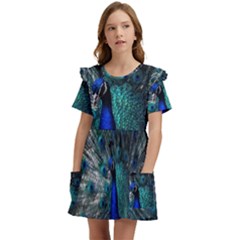 Blue And Green Peacock Kids  Frilly Sleeves Pocket Dress