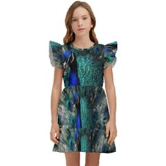 Blue And Green Peacock Kids  Winged Sleeve Dress