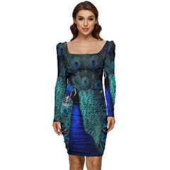 Blue And Green Peacock Women Long Sleeve Ruched Stretch Jersey Dress