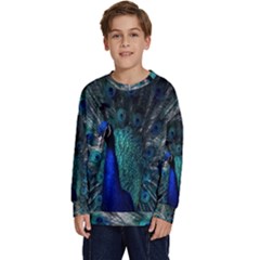 Blue And Green Peacock Kids  Crewneck Sweatshirt by Sarkoni