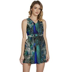 Blue And Green Peacock Sleeveless High Waist Mini Dress