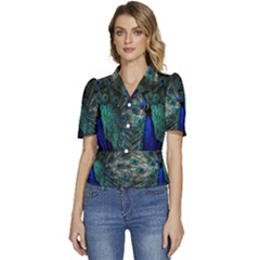Blue And Green Peacock Puffed Short Sleeve Button Up Jacket