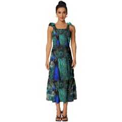 Blue And Green Peacock Tie-Strap Tiered Midi Chiffon Dress