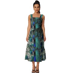 Blue And Green Peacock Square Neckline Tiered Midi Dress