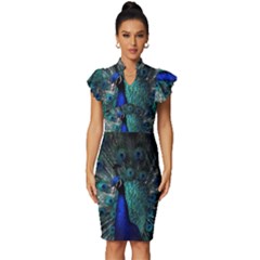 Blue And Green Peacock Vintage Frill Sleeve V-Neck Bodycon Dress