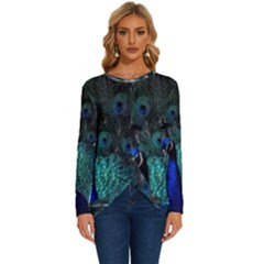 Blue And Green Peacock Long Sleeve Crew Neck Pullover Top