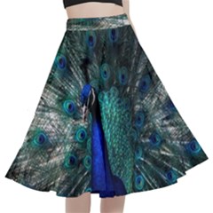 Blue And Green Peacock A-Line Full Circle Midi Skirt With Pocket