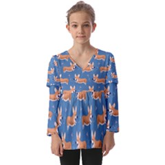 Corgi Patterns Kids  V Neck Casual Top by Ndabl3x