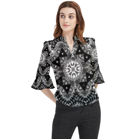 Mandala Calming Coloring Page Loose Horn Sleeve Chiffon Blouse by Sarkoni