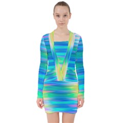 Wave Rainbow Bright Texture V-neck Bodycon Long Sleeve Dress by Sarkoni