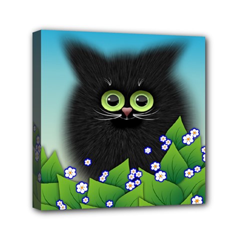 Kitten Black Furry Illustration Mini Canvas 6  X 6  (stretched)