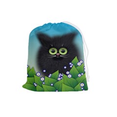 Kitten Black Furry Illustration Drawstring Pouch (large)