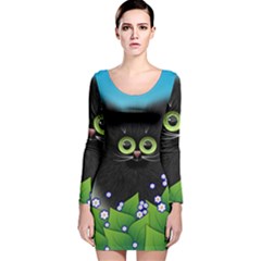 Kitten Black Furry Illustration Long Sleeve Velvet Bodycon Dress by Sarkoni