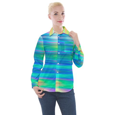 Wave Rainbow Bright Texture Women s Long Sleeve Pocket Shirt by Sarkoni