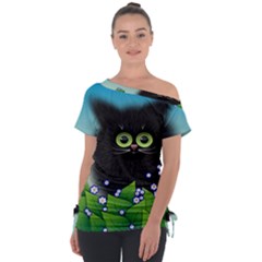 Kitten Black Furry Illustration Off Shoulder Tie-up T-shirt