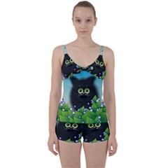 Kitten Black Furry Illustration Tie Front Two Piece Tankini