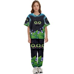 Kitten Black Furry Illustration Kids  T-shirt And Pants Sports Set by Sarkoni