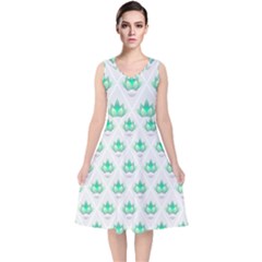 Plant Pattern Green Leaf Flora V-Neck Midi Sleeveless Dress 